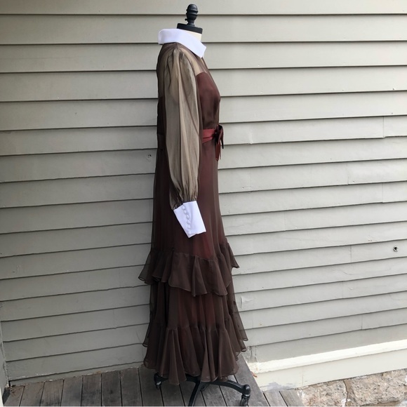 Vtg 60s/70s Wednesday Addams Goth Prairie Tiered Ruffle Contrast Trim Maxi Dress - Picture 14 of 17